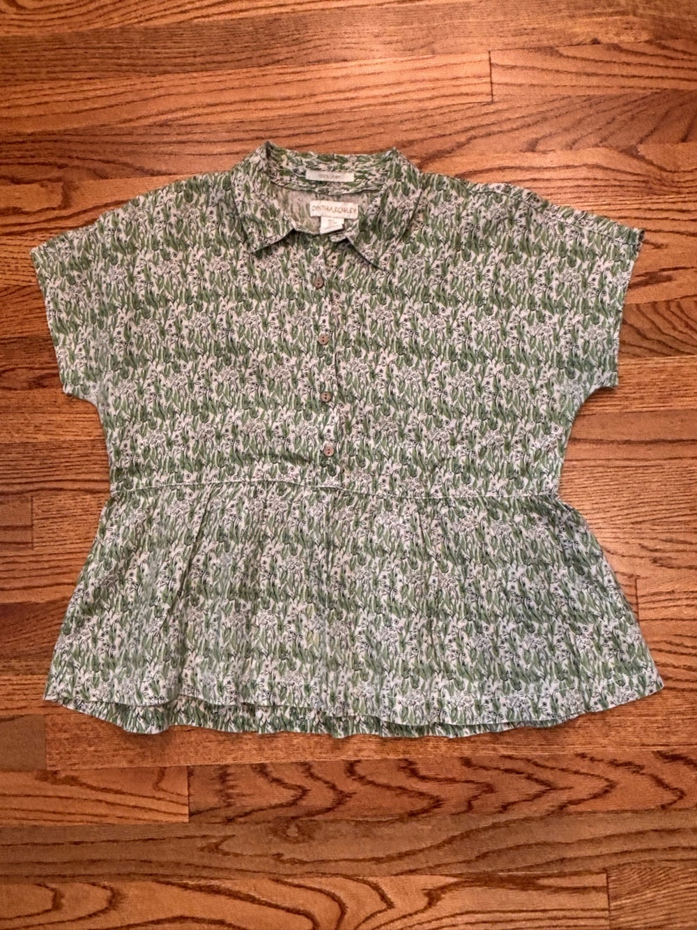 Cynthia Rowley 100% Linen Green Botanical Floral Button Front Short Sleeve